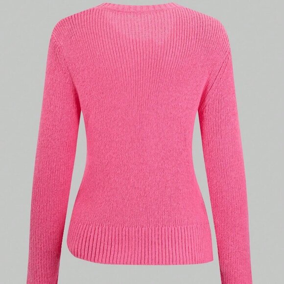Pink Casual Women's Front Button Knit Top With Asymmetric Hem & Round Sweater - Picture 3 of 6